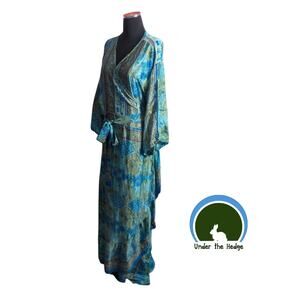 Aqua Recycled Silk Blend Wrap Maxi Ruffle Sari Dress Goddess Plus Size Boho M1